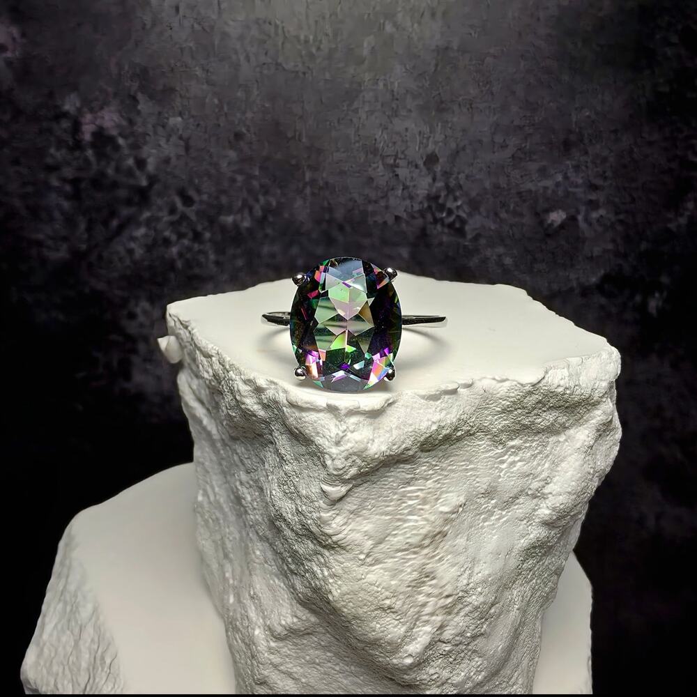 Genuine Oval Mystic Topaz Solitaire Ring in 925 Sterling Silver – Size 8